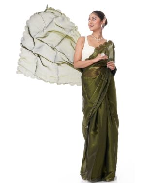 OLIVE GREEN ORGANZA SAREE WITH SCALLOP BORDER, ZARI EMBROIDERED BLOUSE PIECE