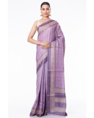 DARK MAUVE TUSSAR SILK WITH ALL OVER THREAD WORK AND MATCHING PRINTED BLOUSE PIECE