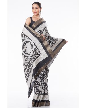 FLORAL PRINTED KOSHA SILK WITH BLACK CONTRAST PRINTED BLOUSE PIECE