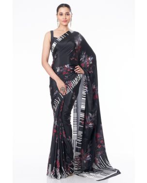 BLACK BODY FLORAL PRINT MARBLE CHIFFON SAREE WITH MATCHING BLOUSE PIECE