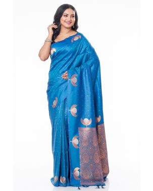 BLUE KATAN SILK WITH ZARI BUTA & ZARI FLORAL WORK ON BORDER, MATCHING TINY ZARI BUTA BLOUSE PIECE