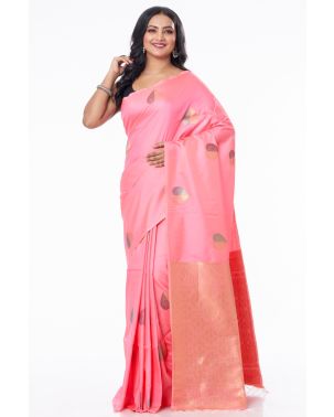 PINK KATAN SILK WITH ZARI BUTA & ZARI FLORAL WORK ON BORDER, MATCHING TINY ZARI BUTA BLOUSE PIECE