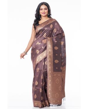 METALLIC BROWN BISHNUPURI TUSSAR SILK, ZARI PALLU & BORDER, MATCHING BROCADE BLOUSE PIECE