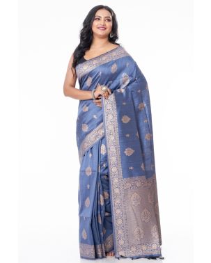 STEEL BLUE BISHNUPURI TUSSAR SILK, ZARI PALLU & BORDER, MATCHING BROCADE BLOUSE PIECE