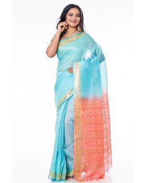 BLUE & PEACH OMBRE LINEN SAREE, CONTRAST PALLU, ZARI BORDER WITH CONTRAST BLOUSE PIECE