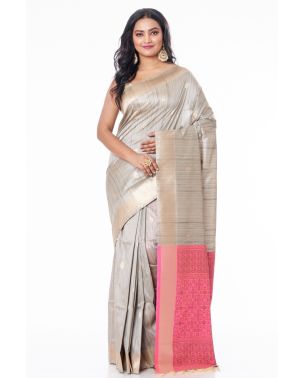 STEEL GREY SILK TUSSAR WITH ZARI BUTA, CONTRAST PINK ZARI WORK ON PALLU AND CONTRAST PINK BROCADE BLOUSE PIECE