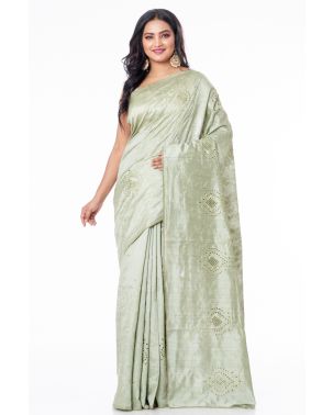 PISTA GREEN TUSSAR SAREE WITH CUTWORK AND ALLOVER SELF THREADWORK AND MATCHING BLOUSE PIEC