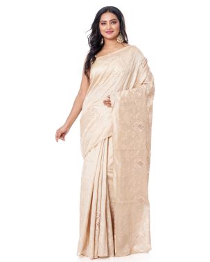 BEIGE TUSSAR SAREE WITH CUTWORK AND ALLOVER SELF THREADWORK AND MATCHING BLOUSE PIEC