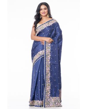 INDIGO BLUE COLOURED PURE SILK WITH ALL OVER EMBROIDERY WORK, WITH EMBROIDERED BLOUSE PIECE