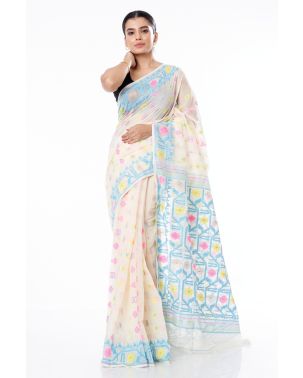 SOFT DHAKAI JAMDANI, OFF WHITE BODY WITH ALL OVER MULTI COLOURED FLORAL THREADWORK