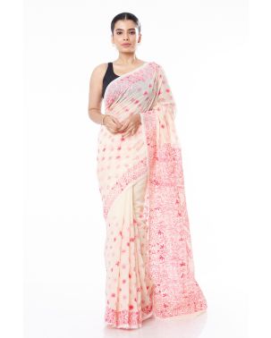 LIGHT PINK PRINT & KATHA STITCH ON OFF WHITE KHADI COTTON WITH MATCHING BLOUSE PIECE