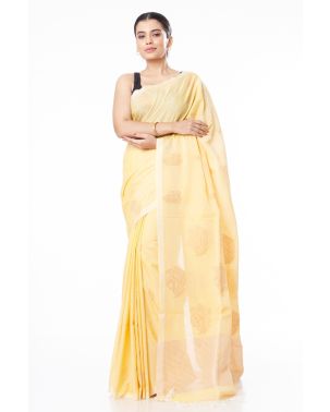 ELEGANT SOFT PURE HANDLOOM COTTON SAREE, LEMON YELLOW BODY WITH COPPER THREAD WORK 