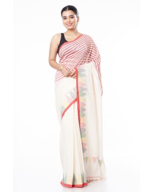 SOFT PURE HANDLOOM SAREE, OFF WHITE PLAIN BODY, CONTRAST RED BORDER WITH MULTI COLOUR TEMPLE THREADWORK & MATCHING BLOUSE PIECE