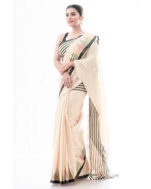 SOFT PURE HANDLOOM SAREE, BEIGE PLAIN BODY, CONTRAST BLACK BORDER WITH MULTI COLOUR TEMPLE THREADWORK & MATCHING BLOUSE PIECE