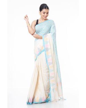 SOFT PURE HANDLOOM SAREE, OFF WHITE PLAIN BODY, CONTRAST BLUE BORDER WITH MULTI COLOUR TEMPLE THREADWORK & MATCHING BLOUSE PIECE