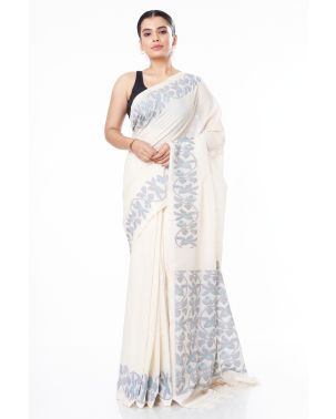 PURE COTTON HANDLOOM SAREE OFF WHITE PLAIN BODY, CONTRAST PALLU & BORDER WITH MATCHING BLOUSE PIECE