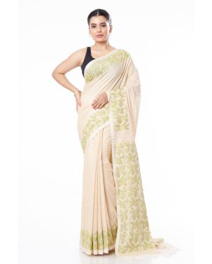 PURE COTTON HANDLOOM SAREE BEIGE PLAIN BODY, CONTRAST PALLU & BORDER WITH MATCHING BLOUSE PIECE