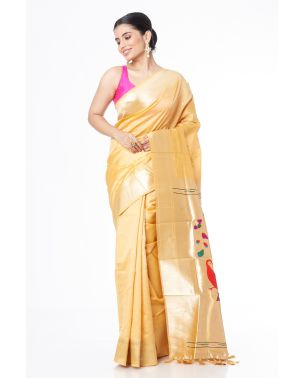 YELLOWISH CREAM PAITHANI SILK WITH SMALL ZARI BUTA, ZARI BORDER AND ZARI PALLU, MATCHING BLOUSE PIECE