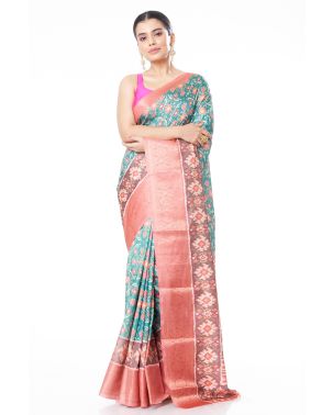 GREEN PATOLA PRINTED SILK SAREE WITH COPPER ZARI BORDER, CONTRAST BLOUSE PIECE