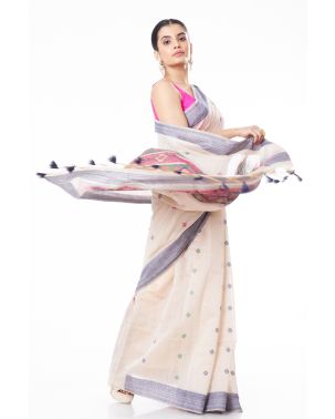 OFF WHITE LINEN WITH ALL OVER THREAD BUTA ON BODY, BORDER & PALLU, CONTRAST THREAD WORK BLOUSE PIECE