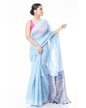 BLUE LINEN WITH ALL OVER THREAD BUTA ON BODY, BORDER & PALLU, CONTRAST THREAD WORK BLOUSE PIECE