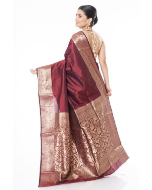 PLAIN BODY DARK MAROON KATAN SILK WITH ZARI BORDER AND RICH PALLU & MATCHING BLOUSE PIECE