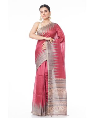 RUBY RED GHICHHA SILK, PLAIN BODY, CONTRAST GREY TEMPLE BORDER, CONTRAST GREY PALLU WITH CONTRAST PRINTED BLOUSE PIECE