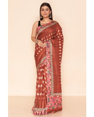 ELEGANT BROWN TUSSAR PRINT WITH THREAD WORK, & CONTRAST BLOUSE PIECE