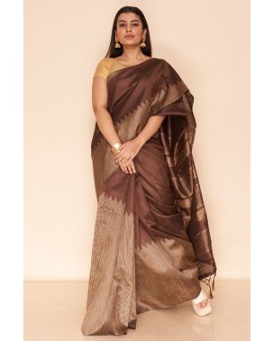 BROWN GHICHHA SILK, PATLI PALLU, MATCHING BLOUSE PIECE