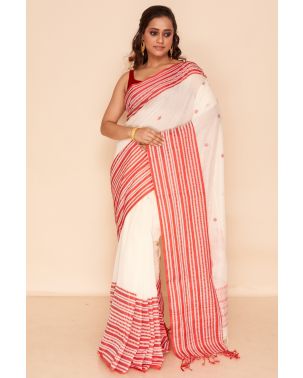 OFF WHITE SOFT HANDLOOM, CONTRAST BORDER, MATCHING BLOUSE PIECE