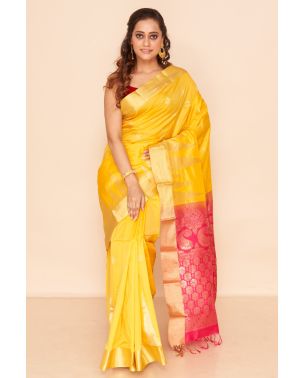 BRIGHT YELLOW SOUTH SILK WITH CONTRAST PINK PALLU, CONTRAST BLOUSE PIECE