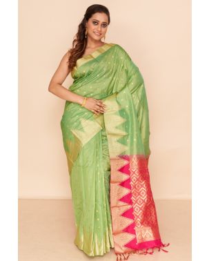 LIME GREEN SOUTH SILK WITH TEMPLE BORDER AND CONTRAST PALLU, CONTRAST BLOUSE PIECE