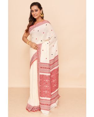 OFF WHITE ASSAM THREADWORK SOFT HANDLOOM, MATCHING BLOUSE PIECE