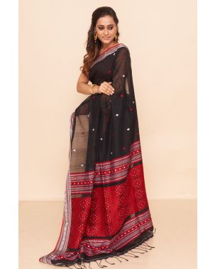 BLACK SOFT HANDLOOM, WITH THREAD WORK, MATCHING BLOUSE PIECE