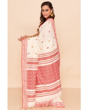 OFF WHITE AND RED SOFT HANDLOOM WITH THREAD WORK, MATCHING BLOUSE PIECE