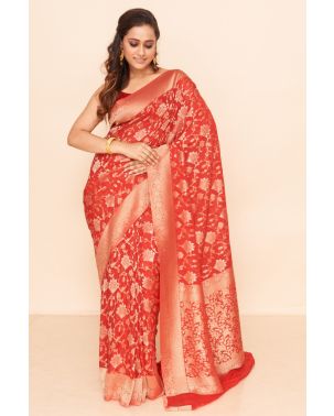 RED GEORGETTE BENARASI WITH ALL OVER ZARI WORK, MATCHING BLOUSE PIECE (ALL OVER WORK) 