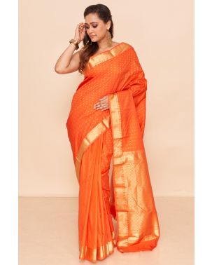 ORANGE SOUTH SILK WITH ZARI BORDER ALL OVER WORK, MATCHING BLOUSE PIECE