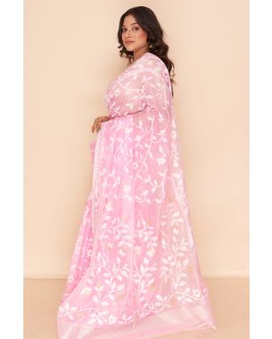 SOFT PINK DHAKAI, ALL OVER FLORAL THREAD WORK