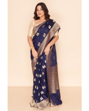 PURE GEORGETTE NAVY BLUE BENARASI WITH GOLD THREAD WORK, MATCHING BLOUSE PIECE