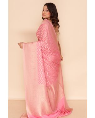 PINK PARI PURE GEORGETTE WITH GOLD THREAD WORK, MATCHING BLOUSE PIECE