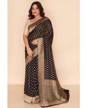 BEAUTIFUL BLACK & GOLD PURE GEORGETTE, MATCHING BLOUSE PIECE