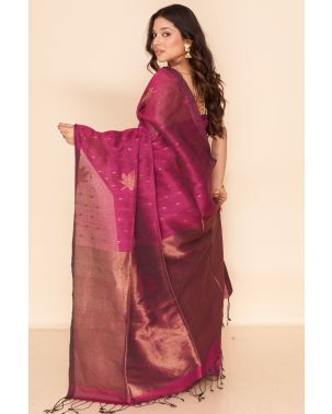 WINE COLOURED SOFT HANDLOOM WITH GOLD THREAD WORK, MATCHING BLOUSE PIECE