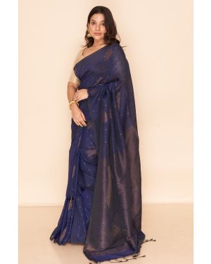 BERRY BLUE SOFT HANDLOOM WITH GOLD THREAD WORK, MATCHING BLOUSE PIECE