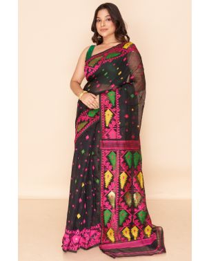 ELEGANT BLACK DHAKAI WITH ALL OVER MULTI COLOURED THREAD WORK