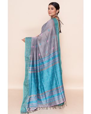 STEEL GREY SOFT HANDLOOM, ASSAMESE THREAD WORK, CONTRAST PALLU & BORDER, MATCHING BLOUSE PIECE