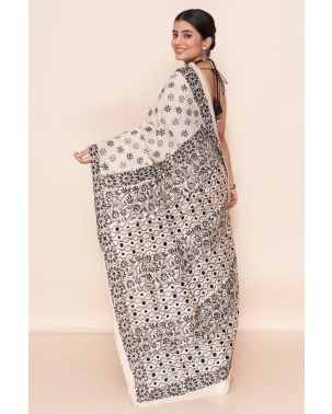 PRINTED KATHA ON KHADI COTTON, MATCHING BLOUSE PIECE