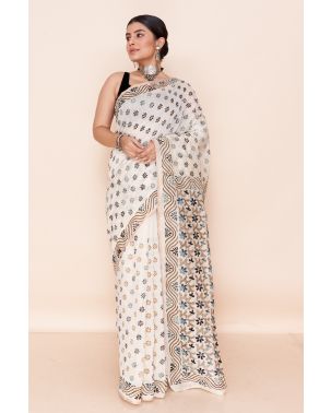 PRINTED KATHA WORK ON KHADI COTTON, MATCHING BLOUSE PIECE