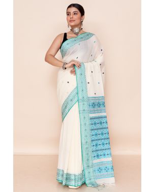 OFF WHITE SOFT HANDLOOM, CONTRAST BLUE THREAD WORK, CONTRAST PALLU, MATCHING BLOUSE PIECE