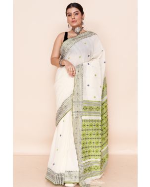 OFF WHITE SOFT HANDLOOM, CONTRAST GREEN THREAD WORK, CONTRAST PALLU, MATCHING BLOUSE PIECE