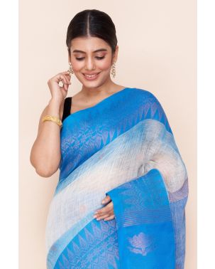 OFF WHITE BLUE COMBINATION LINEN WITH GOLD THREAD WORK, CONTRAST PALLU & BORDER, CONTRAST BLOUSE PIECE